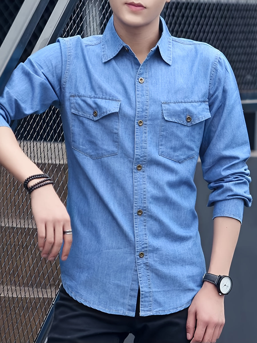 Four Seasons Fashionable and Stylish Polo Collar Denim Shirt for Men, Long Sleeve Thin Slim Fit Casual Shirt, Business Workwear Outerwear - Dark Blue 1