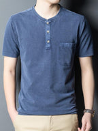New Summer Men's Short-Sleeve Henley Shirt with Washed Distressed Finish, Waffle Knit Texture, Business Casual T-Shirt with Pocket - Navy Color
