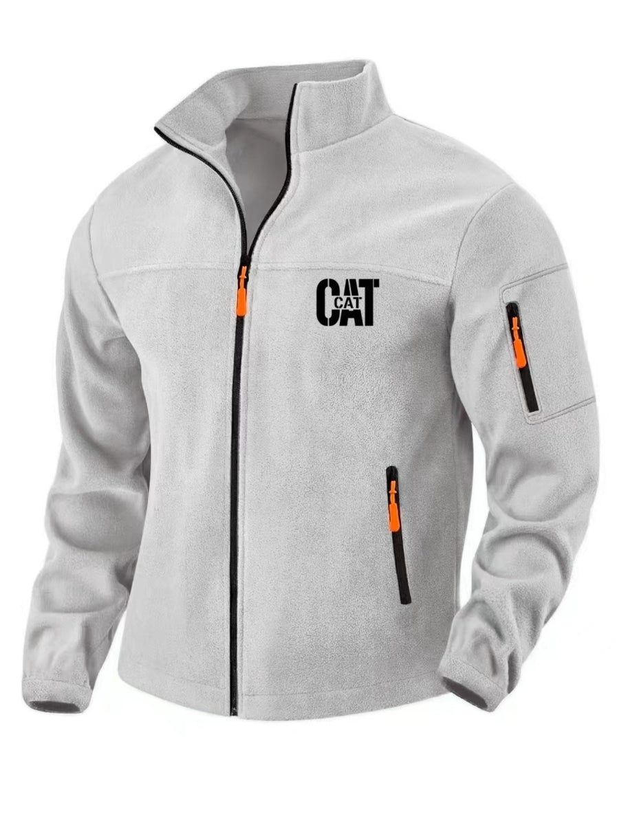 Men'S Autumn Winter New Fleece Lined Stand Collar Zipper Jacket, CAT Letter Print Long Sleeve Jacket, Multi-Pocket Design Casual Commute Trendy Top - Light Grey