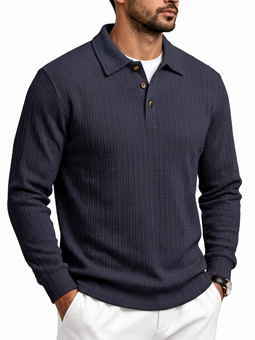 Men'S Casual Jacquard Polo Shirt, Autumn Easy Style Elastic Long Sleeve Textured Fabric Slim Fit Base Layer Top - Navy Color