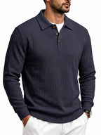 Men'S Casual Jacquard Polo Shirt, Autumn Easy Style Elastic Long Sleeve Textured Fabric Slim Fit Base Layer Top - Navy Color