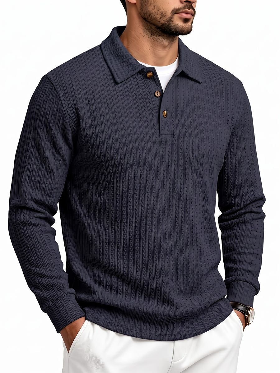 Men'S Casual Jacquard Polo Shirt, Autumn Easy Style Elastic Long Sleeve Textured Fabric Slim Fit Base Layer Top - Navy Color