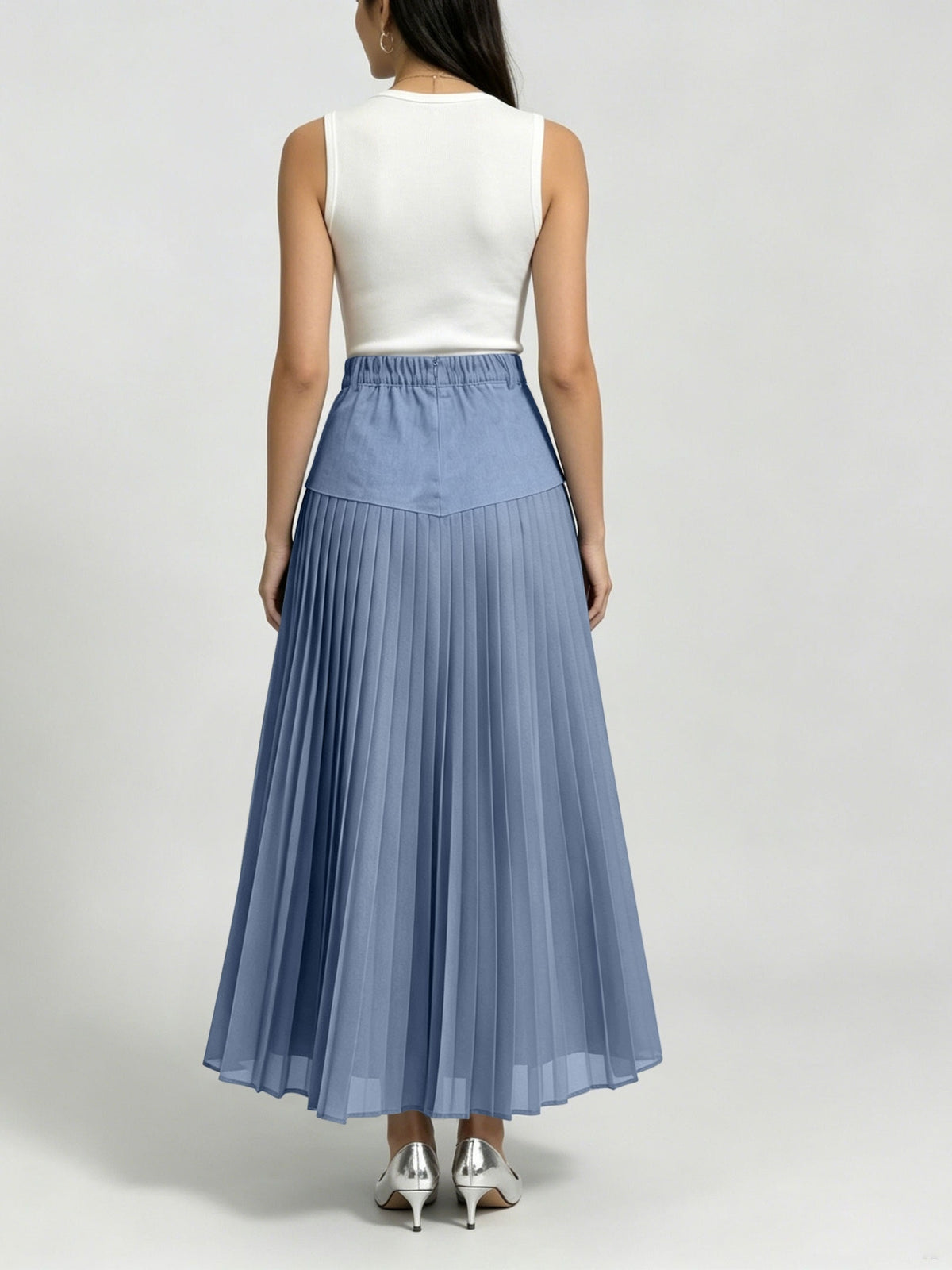 [Printed Skirt - Not Faux Denim Fabric]Temperament Commuter Imitation Faux Denim Patchwork Half Skirt, High-Waist Mesh Pleated Flared Long Dress Spring Summer Versatile Style Kydx - Dark Blue 1