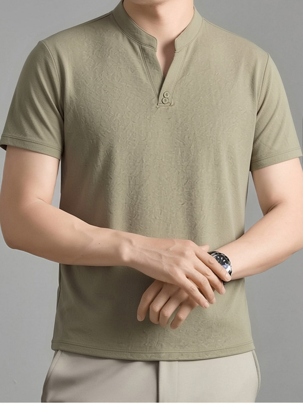 Men's Summer Short-Sleeve T-Shirt, Featuring a Stand-up Collar and Henry Collar Dual Design, with a Comfortable Texture Suitable for Both Business and Casual Wear - Khaki