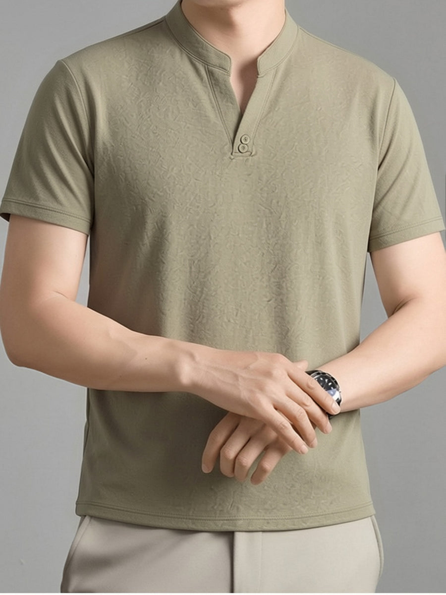Men's Summer Short-Sleeve T-Shirt, Featuring a Stand-up Collar and Henry Collar Dual Design, with a Comfortable Texture Suitable for Both Business and Casual Wear - Khaki