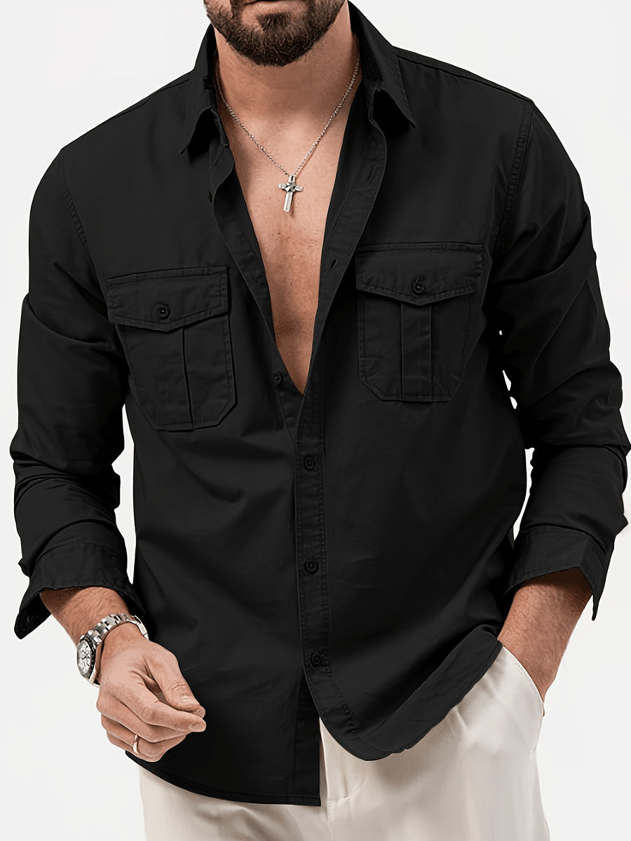 Men'S Multicolor Dress Shirt Multi-Pocket Casual Long Sleeve Top - Black