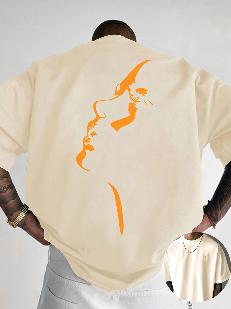 Creative Front and Back Print Round Neck T-Shirt, Pure Cotton Summer Fashion Short Sleeve Top for Casual Daily Style Essential Outing Gift Choice - Apricot