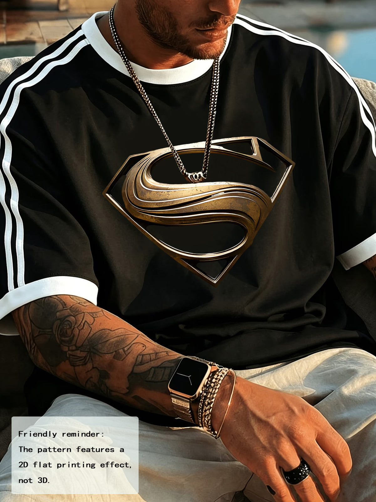 Printed Design Non-Textured 2D Printing 'Warner Official Authentic - Superman S Logo Gilded Golden Shield Printed Color Blocked Shoulder Sleeve T-Shirt; Men'S 100% Pure Versatile Sports Summer Short Sleeve T-Shirt - Black