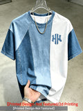Men's Round Neck Short Sleeved Shirt, Imitation Denim Irregular Contrasting Splicing Print, Suitable for Golf, Basketball, Camping, Fitness And Swimming, Perfect for Art Galleries And Halloween Parties, Ideal Halloween And Christmas Gifts for Men. - Mixed colors