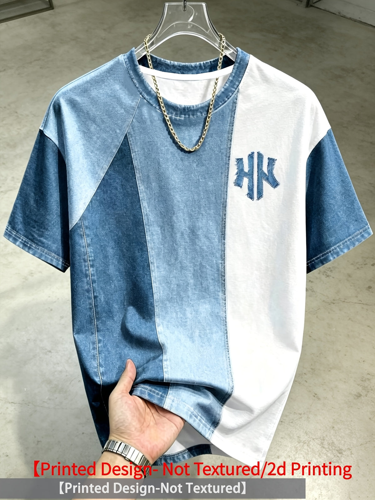 Men's Round Neck Short Sleeved Shirt, Imitation Denim Irregular Contrasting Splicing Print, Suitable for Golf, Basketball, Camping, Fitness And Swimming, Perfect for Art Galleries And Halloween Parties, Ideal Halloween And Christmas Gifts for Men. - Mixed colors
