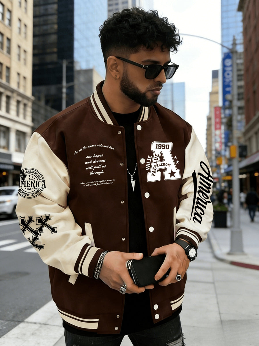Heavy Fabric American Baseball Jacket, Durable And Non-Deforming, American Retro Street Style 1990 Large A Letter Coat - Coffee Color