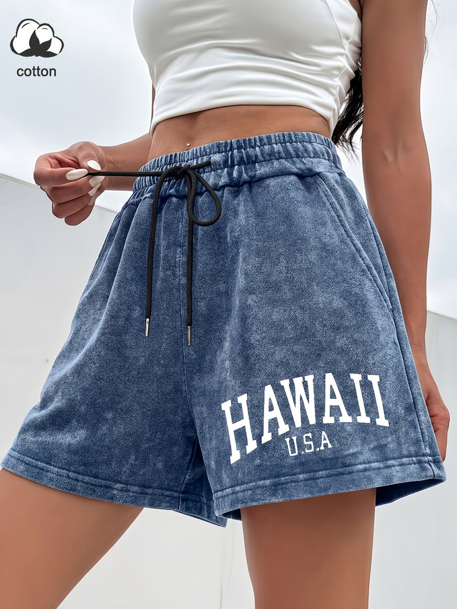 Western Trendy Hawaiian Letter Print Casual Distressed Women'S Shorts, Elastic Drawstring Waist Design, Versatile Home Wear, Lifestyle Fashion - Navy Color