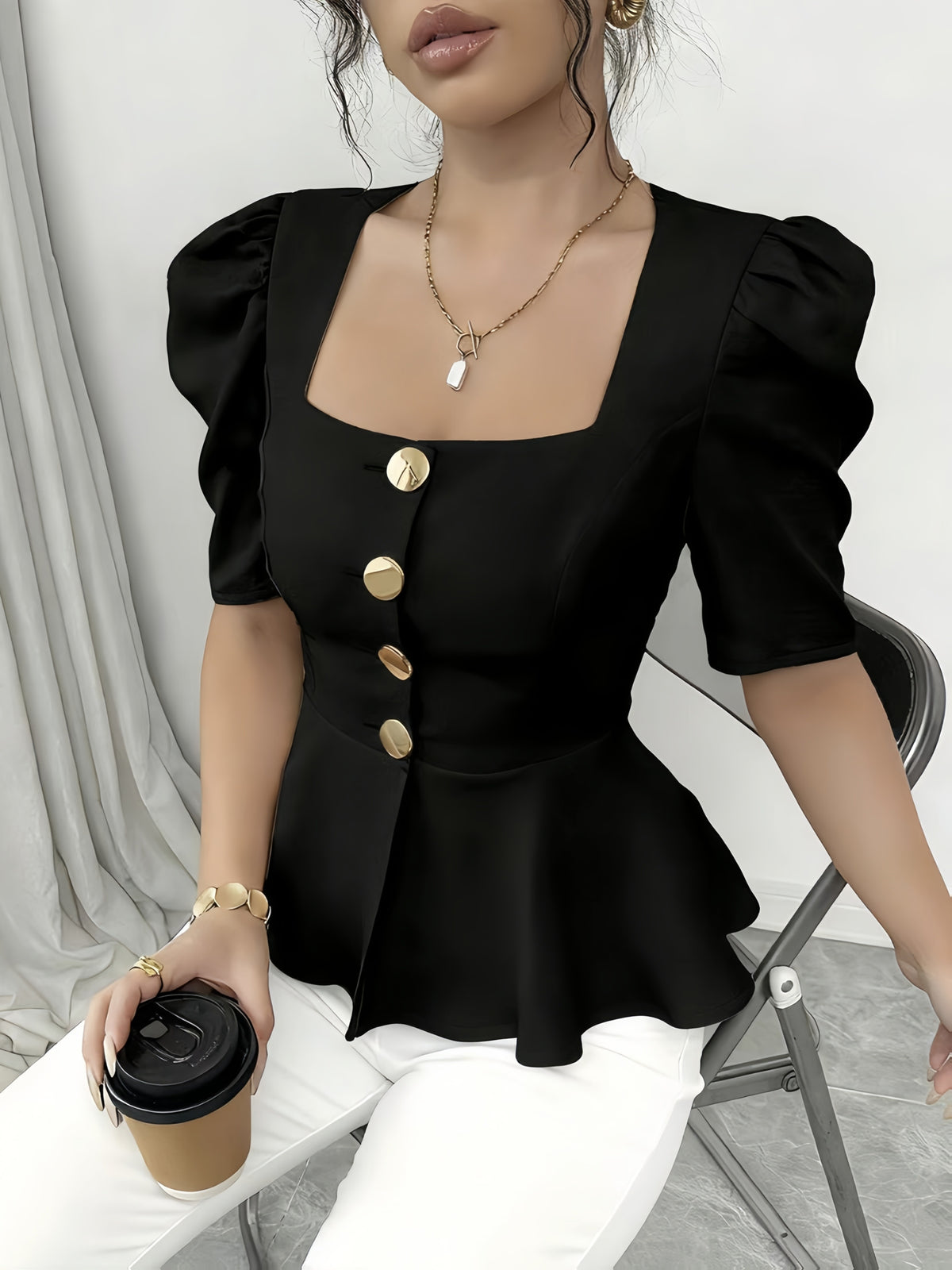 Women'S Summer Blouse, Square Neck, Short Sleeves, Slim Fit Waist, Fabric, Everyday Fashionable And Elegant Ruffle Top - Black