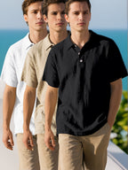 3pcs Men's Linen Shirts, Summer Lightweight Breathable Short Sleeve Sport Outdoor Solid Color Simple Style Casual Shirts - Black And White and Khaki