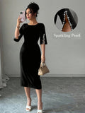 Women'S Pearl Embellished Round Neck Waist Ruffled Elegant Romantic Bridesmaid Dress - Black