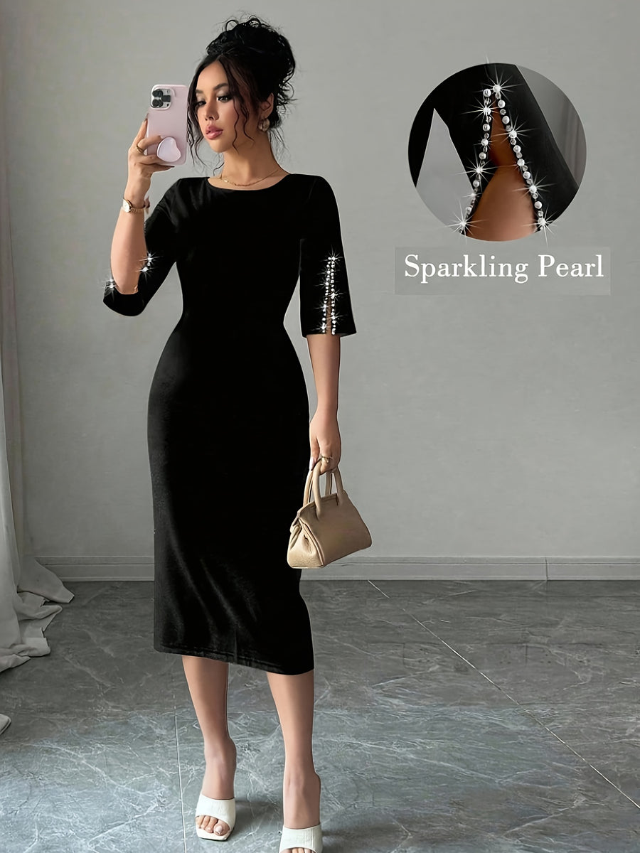 Women'S Pearl Embellished Round Neck Waist Ruffled Elegant Romantic Bridesmaid Dress - Black