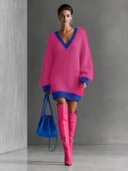 Women's Contrast Color Multi-Color Option Trimmed V-Neck Plush Fluffy Dress, Loose Long-Sleeve Pullover Dress, Autumn Winter Casual Lazy Short Dress, Suitable for Autumn and Winter Wear, Daily Classic Versatile Style - Dark Pink