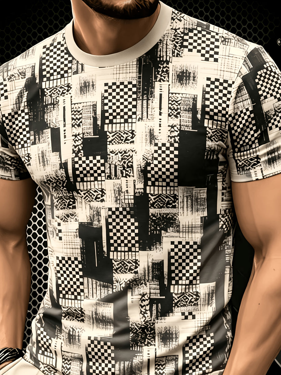 2026 Men'S All-Match Breathable Comfortable New Casual Top, Black Gray Blue Plaid Patchwork Print T-Shirt, Men'S Round Neck Short Sleeve Business Casual Top, Low-Key Premium, Plaid Patchwork, Abstract Lines, Dark Tone Texture, Daily Casual Wear - Style 14