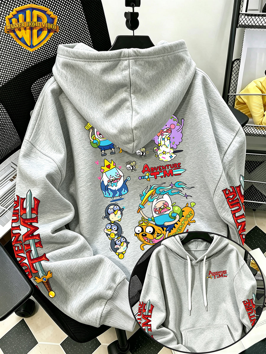Warner Bros Official Adventure Time Q-Style Multi-Character Patchwork Cartoon Print Hooded Sweatshirt - Men's Casual Versatile Sweatshirt, Comfortable Autumn/Winter Wear, Ideal for Sports, Outdoors, Outings, Travel, and Daily/Commute/Home Use - Light Grey