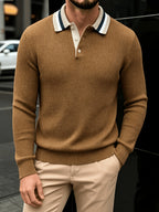 Men'S Contrast Striped Collar Polo Knit Sweater, Textured Casual Pullover for Autumn Winter - Multicolor