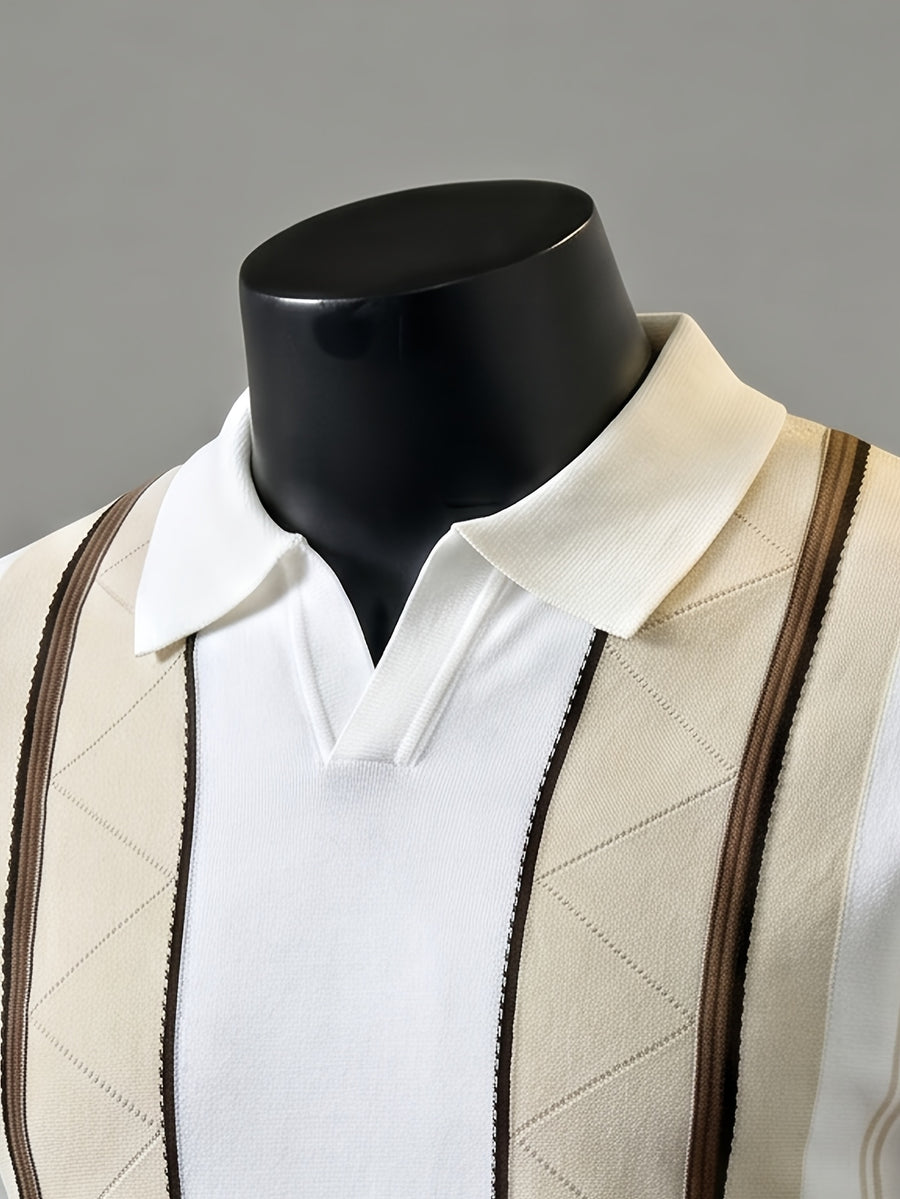 Men's Knitted Short-Sleeve Polo Shirt with Breathable Knit Mesh Eyelet Design, Multi-Color Contrast Striped Jacquard Knit Pattern, American-Style Lapel with Seagull Collar, Stylish and Slimming, Light Luxury Fashion, Designer Style Golf Polo Top - White