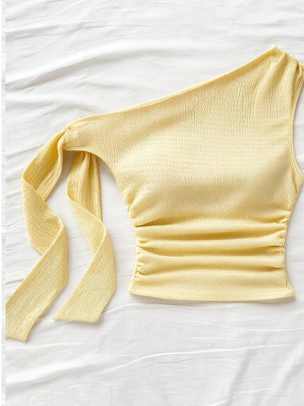 Sexy Asymmetrical Tie-Front Flowy Casual Slim-Fit Solid Color Women'S One-Shoulder Top for Spring And Autumn, Perfect for Parties, Vacations, Music Festivals, Bohemian Style, Holiday Dates, And Afternoon Tea - YTD Cherry - Yellow