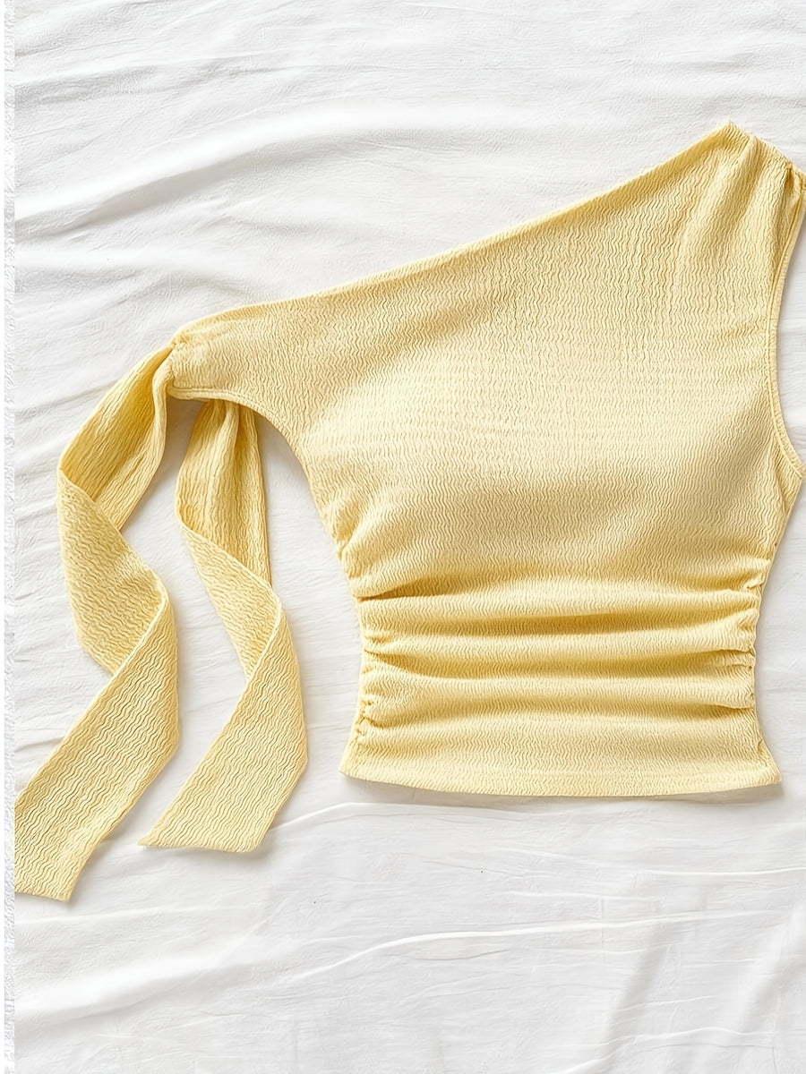 Sexy Asymmetrical Tie-Front Flowy Casual Slim-Fit Solid Color Women'S One-Shoulder Top for Spring And Autumn, Perfect for Parties, Vacations, Music Festivals, Bohemian Style, Holiday Dates, And Afternoon Tea - YTD Cherry - Yellow
