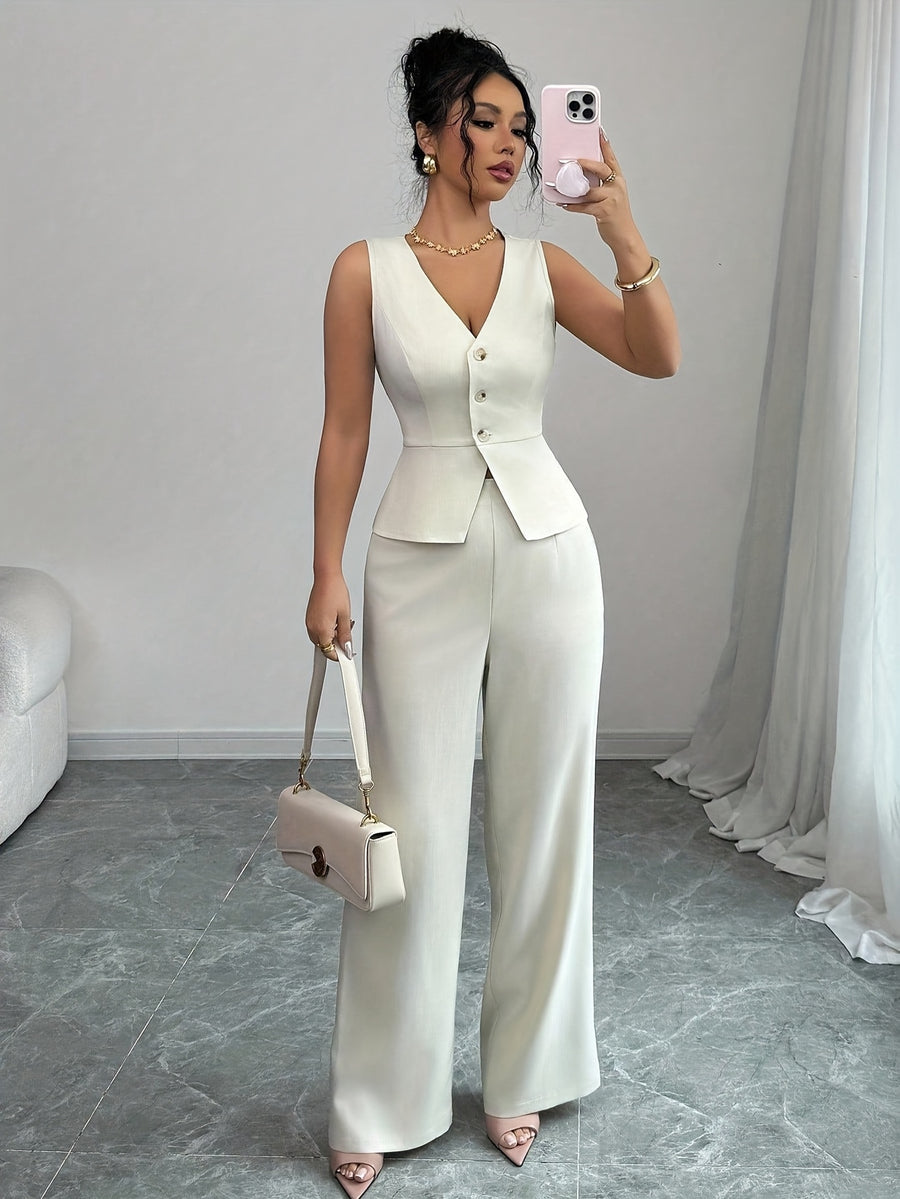 Sleeveless Elegant Vest And Women'S Pants Set, Summer Office Wear - White