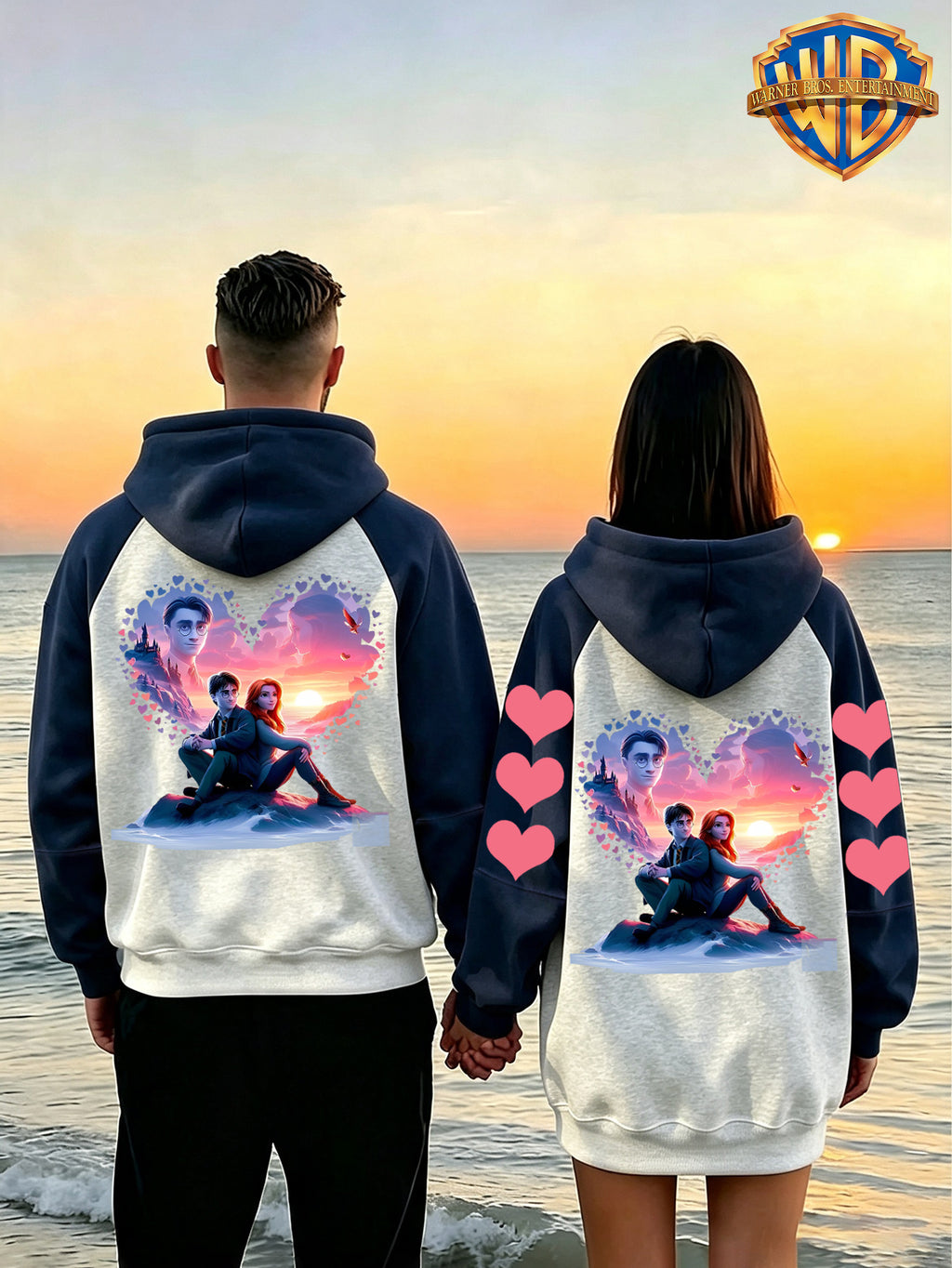 [1pc Pc] Warner Authorized Cartoon Classic Couple Style Sweatshirt WB Classic Movie Character Heart-Shaped Castle Sunset Background Back Print Couple Shoulder-Length Long Sleeve Hooded Top Trendy Fashion All-Match Street Comfortable Casual Jacket Na - Men-Navy Blue
