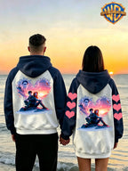 [1pc Pc] Warner Authorized Cartoon Classic Couple Style Sweatshirt WB Classic Movie Character Heart-Shaped Castle Sunset Background Back Print Couple Shoulder-Length Long Sleeve Hooded Top Trendy Fashion All-Match Street Comfortable Casual Jacket Na - Men-Navy Blue