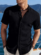 Henley Shirt 2026 Spring/Summer Men's New Apparel Men's T-Shirt Henley Shirt Stand Collar Shirt -  Product, Casual Fashion Unique Design, Plaid Button- Textured Shirt, Suitable for Pool, Outdoor Vacation, Travel, Seaside Beachwear, 1pc Outfit - Black