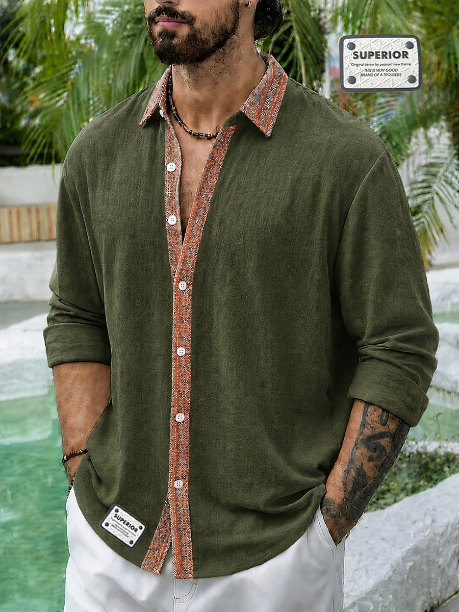 Men's Retro Button- Linen Shirt - Lightweight Breathable Suitable for Beach Vacation, Travel & Daily Wear, Loose Fit Roll Sleeve Collar & Placket Button Collar Shirt, Machine Washable for - Resort Wear (Solid Color) - Military Green