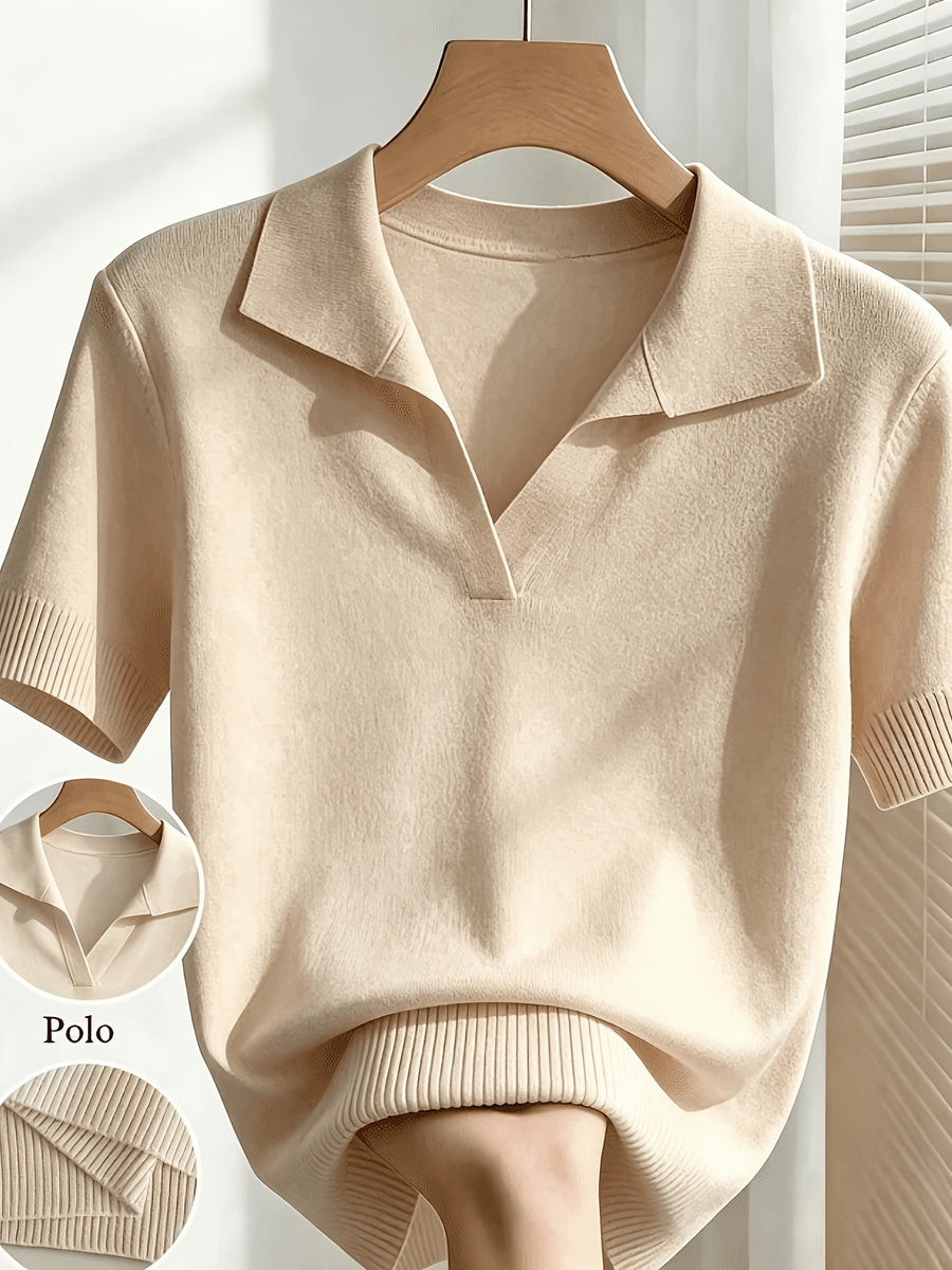 France Ladies Spring/Summer White Easy Casual Lapel Short Sleeve Slim Top, Suitable for Daily Wear, Summer Vacation, Spring Wear, Elegant And Fashionable - Apricot