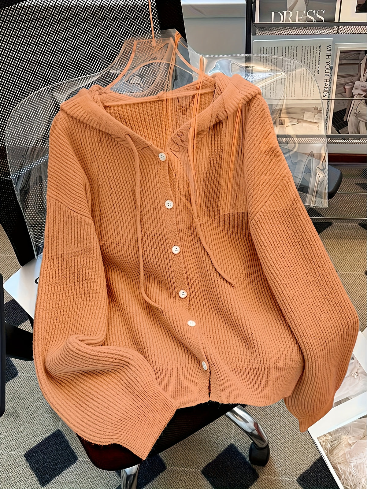 Autumn And Winter Hooded Cardigan, Solid Color Casual Easy Button-Up Sweater, Soft And Comfortable Elegant Women'S Clothing - Orange-Red