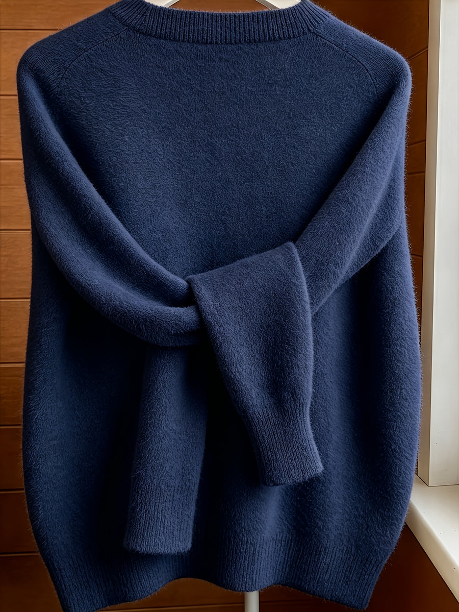 Spring Autumn Solid Color Round Neck Button Sweater Open Cardigan, Loose Casual Fashion Versatile Jacket, Soft Comfortable Elegant Women'S Top - Navy Color