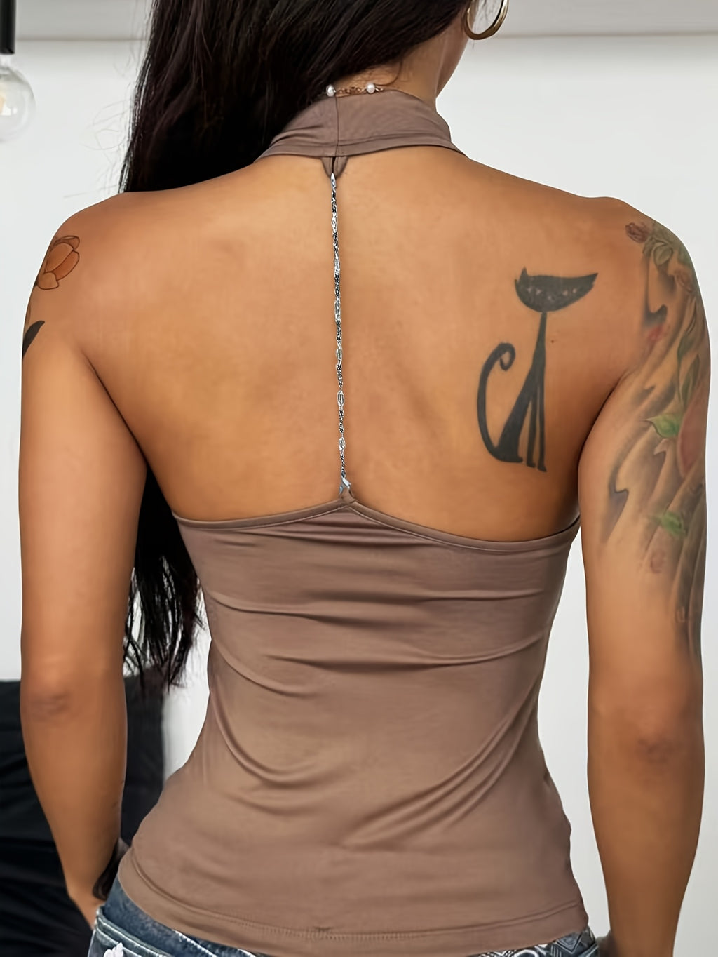 Women'S All-Season Halter Neck Sexy Y2K Style Women'S Clothing Draped Collar Slim Fit Backless Beaded Camisole Top [ZLLZ] - Camel