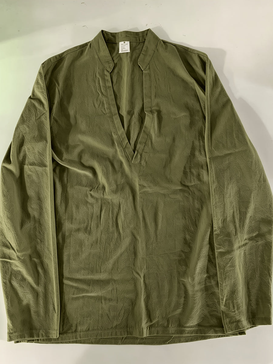 Men's Stand-Up V-Neck Half-Open Placket Linen Long-Sleeve Shirt, Solid Color Basic Style, Suitable for Beach Vacations, Daily Outings, and Casual Gatherings, Can Be Worn Alone or as an Inner Shirt - Military Green