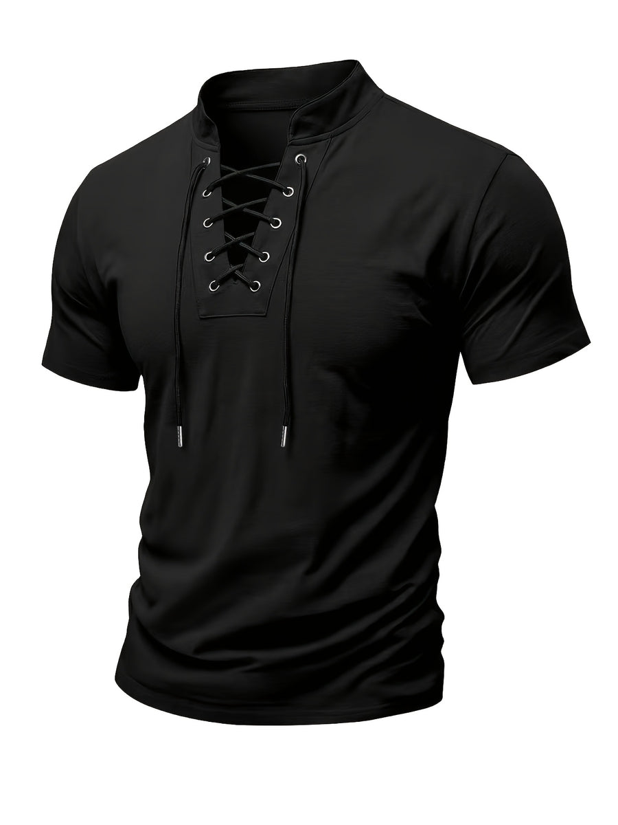 Men's Casual Drawstring Stand Collar Short Sleeve - Black