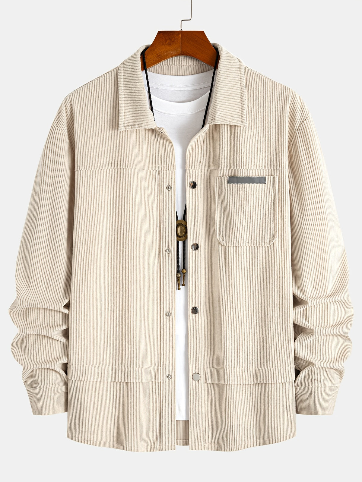 Men'S Metal Buckle Apricot Casual Retro Lapel Corduroy Design Single Pocket Workwear Style Jacket Casual Shopping Super Suitable for Commuting to Work Weekend Trips Daily Wear Are Suitable Spring And Autumn New Long-Sleeved Jacket - Apricot