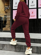 Women's 2pcs Fleece Sweatsuit - ECG Heart Print Warm Winter Tracksuit, Soft Polyester Matching Outfit with Pockets, Machine Washable & Outdoor Sweatsuits (Multiple Colors) for Fall/Winter, 2pcs set - Burgundy