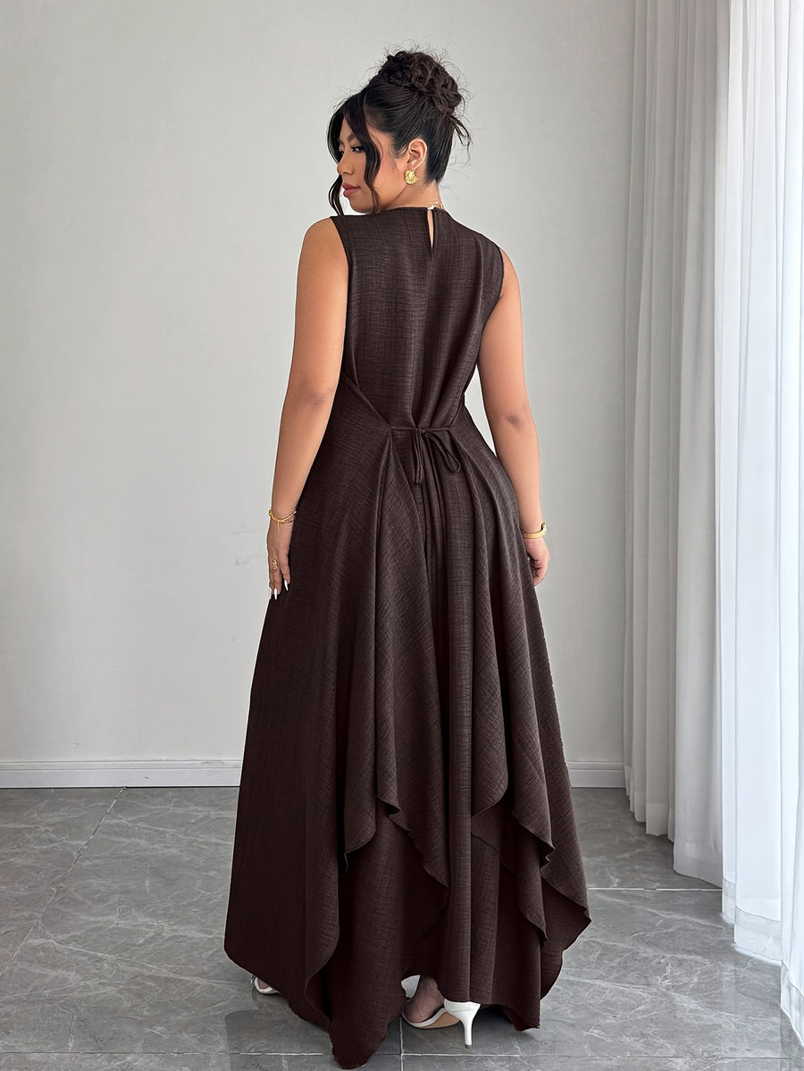 Women'S Elegant Vacation Casual Daily Outerwear Tie-Belt A-Line Asymmetrical Hem Dress - Brown