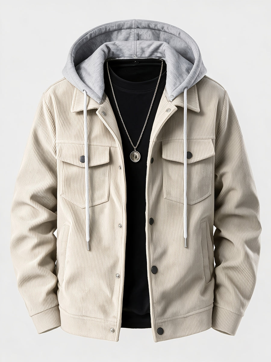 [Qiaoximei OBM] Autumn Winter New Men'S Solid Color Corduroy Detachable Hooded Cargo Jacket, Fashionable And Versatile for Work Scenarios, Practical Outerwear - Khaki