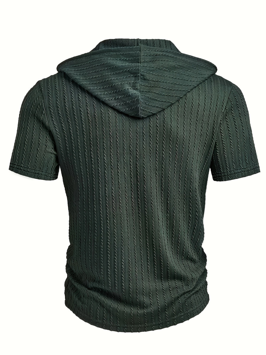 Men's Fashion Top, Spring/Summer Casual Outdoor Textured Jacquard Fabric, Solid Color Hooded Drawstring Single-Breasted Short Sleeve Henley Shirt - Dark Green