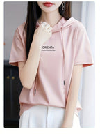 Summer New Korean Version Loose Short Sleeve Thin Trendy Printed Hooded T-Shirt Casual Drawstring Loose Short Sleeve Shirt for Women Regular - Pink