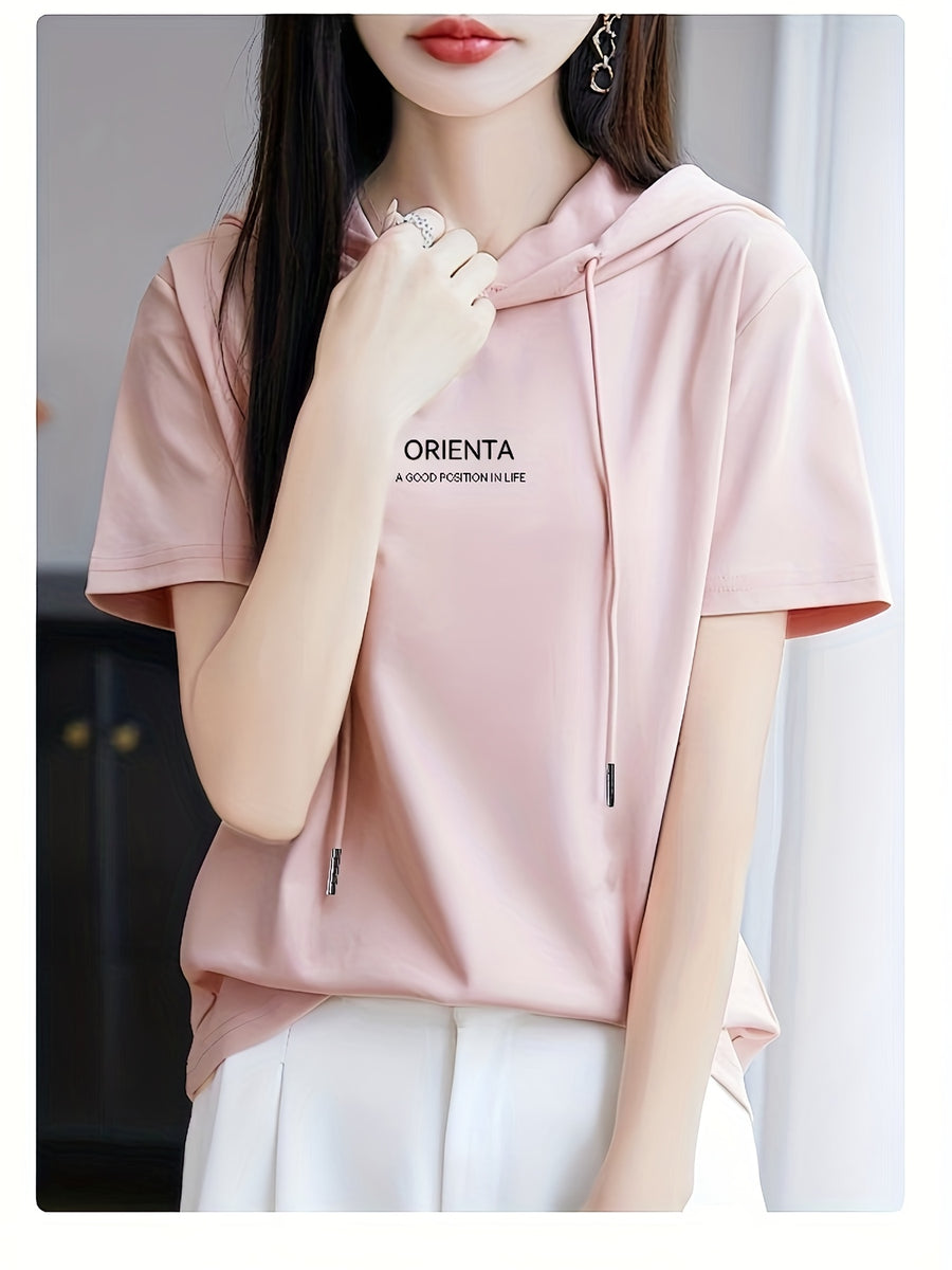 Summer New Korean Version Loose Short Sleeve Thin Trendy Printed Hooded T-Shirt Casual Drawstring Loose Short Sleeve Shirt for Women Regular - Pink