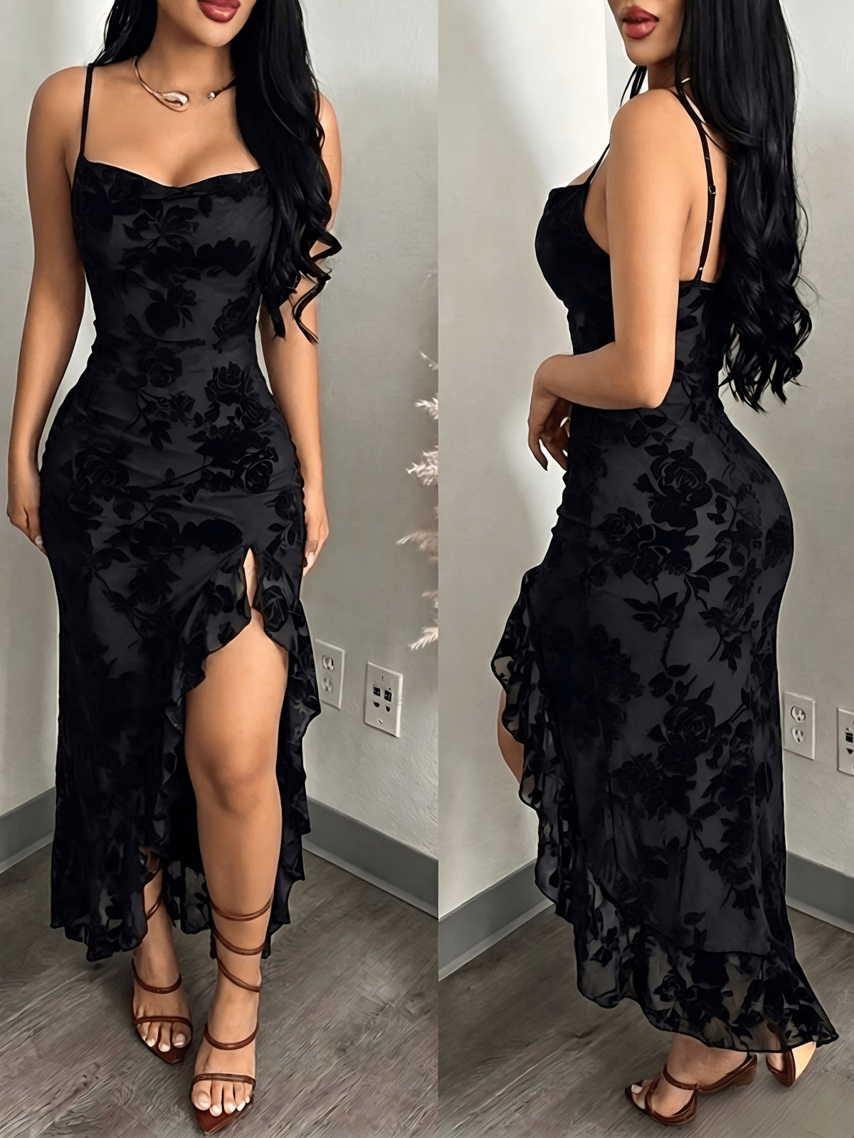 Velvet Rose Spaghetti Strap Side-Slit Fishtail Dress Women'S Hot Style Evening Gown Long Dress Velvet Rose Print with Mesh Fabric, Exuding Retro Vibe; Spaghetti Straps And Heart-Shaped Neckline Highlight Collarbone Lines - Black