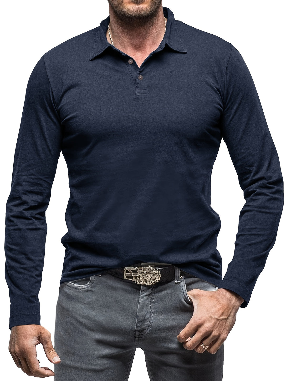 New Style Lapel European And American Style Men'S T-Shirt, Solid Color, Cross-Border Foreign Trade Men'S Long-Sleeve Polo Shirt - Royal Blue