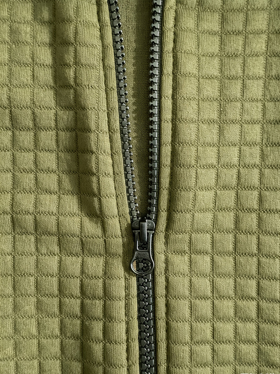 Men'S Hooded Knit Cardigan, Small Checkered Jacquard Zipper Hoodie, Knit Hooded Sweater, Comfortable And Warm, Essential for Autumn And Winter Outdoors, Suitable for Outings And Daily Home Wear - Olive Green