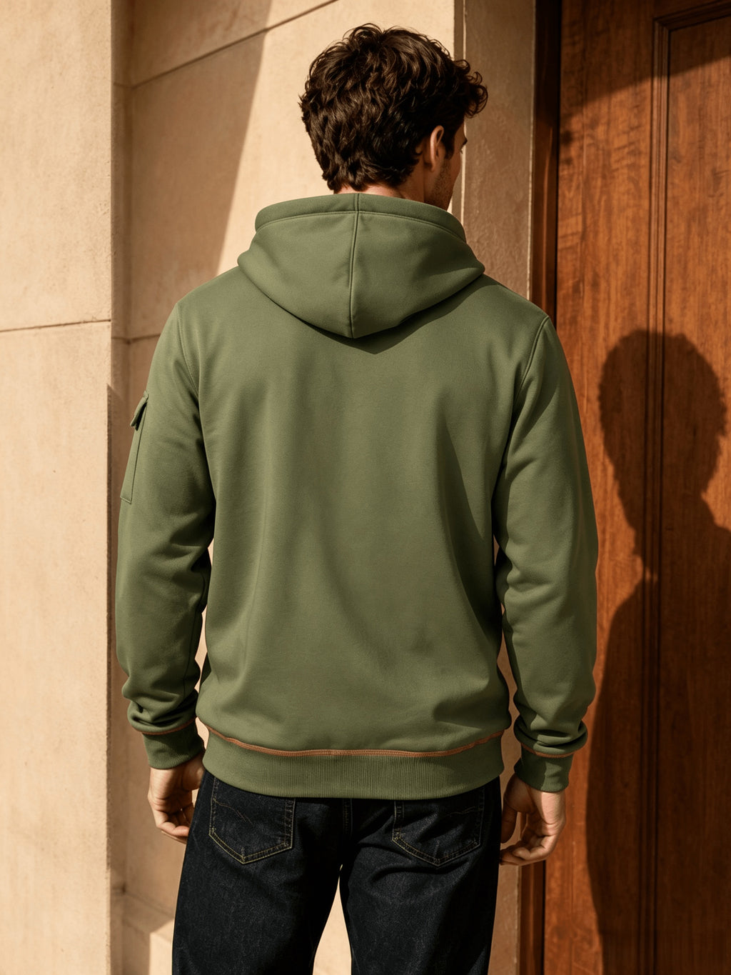 Men's Full Zip Hoodie, Contrast Color Hooded Sweatshirt with Cargo Pockets, Casual, Comfortable, Versatile Fall Winter Jacket - Military Green