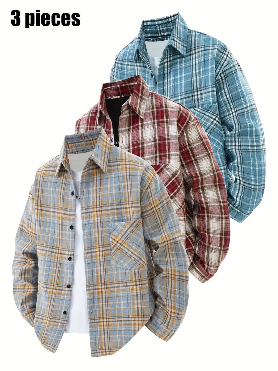 3pcs Set - Men'S Spring/Autumn Lapel Plaid Shirt Youth Outdoor Casual Trendy Top Men'S Fashion Versatile Jacket - Yellow + Red + Sky Blue